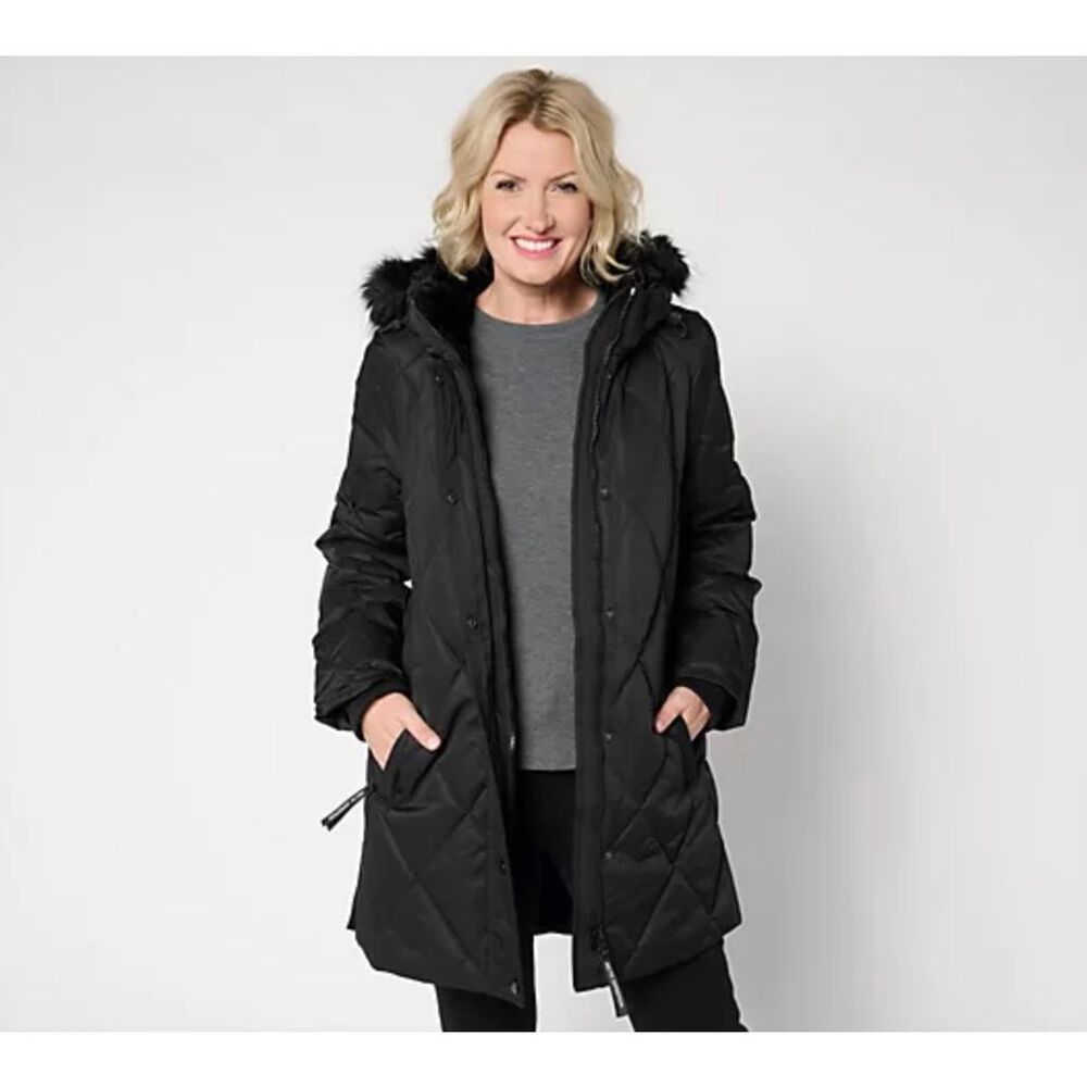 Arctic Expedition Womens Small Diamond Quilted Parka Removable Hood Black‎ NWOT